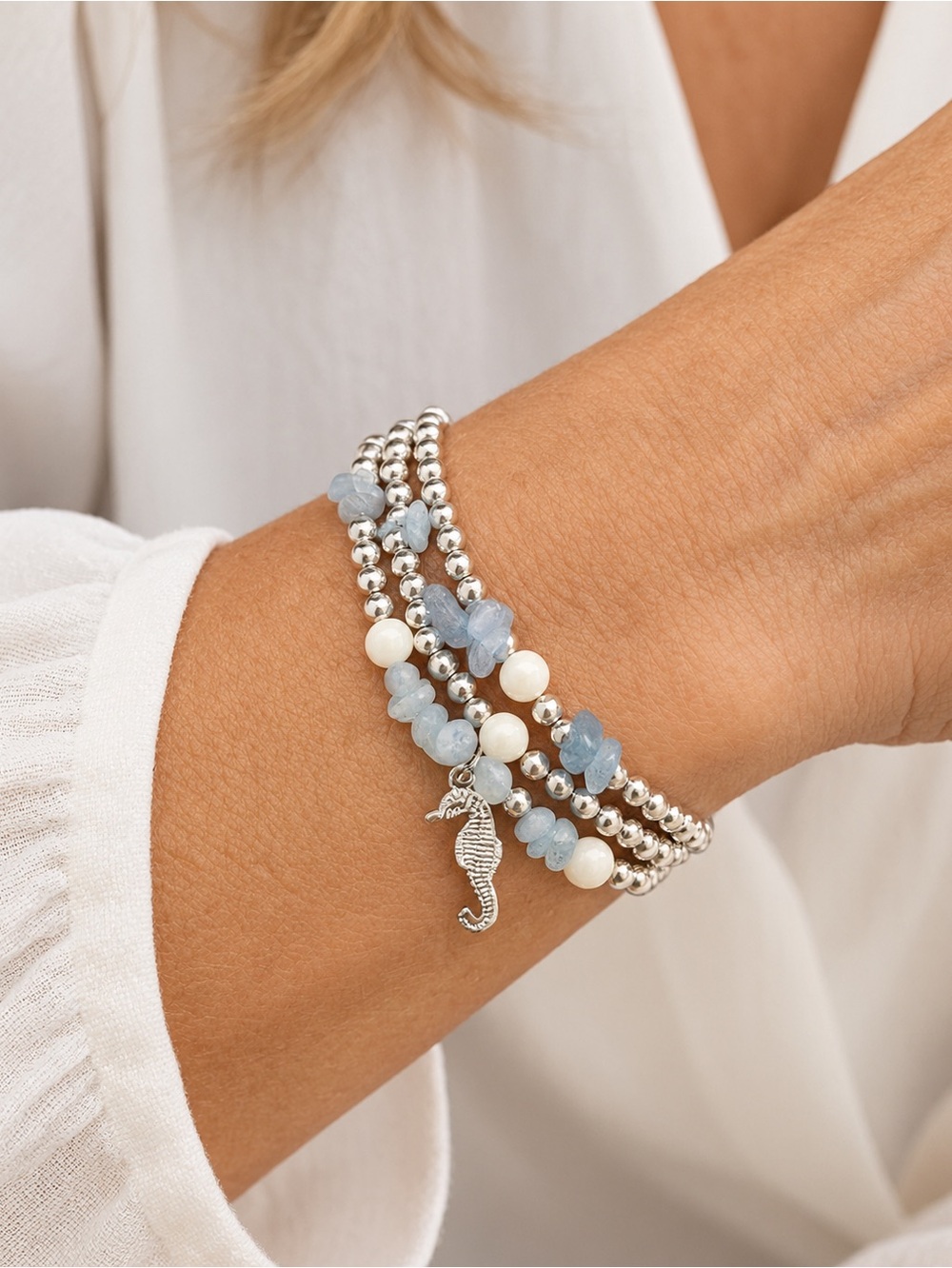Fifth Avenue Collection silver tone and Aquamarine chips & seahorse Bracelet